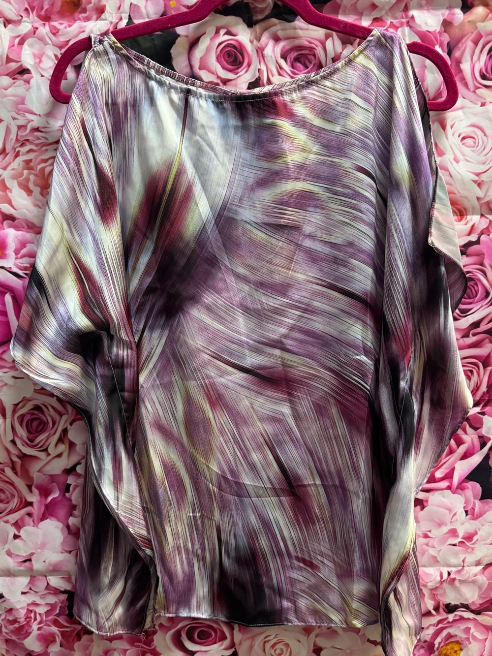 Jennifer Lopez Multi-Tone Satin Blouse in Plum and Cream